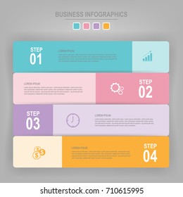Infographics template of four steps on squares, tag banner element, work sheet, flat design of business icon, pastel vector