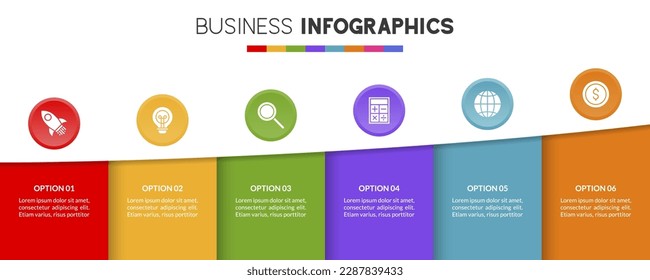Infographics template and icons with 6 options or 6 steps. use as workflow process diagram, business data  presentation, timeline layout, milestone, banner, brochure, flow chart