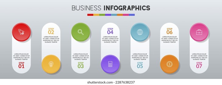 Infographics template and icons with 7 options. use as workflow process diagram,business data  presentation, timeline layout, milestone, banner, brochure, flow chart