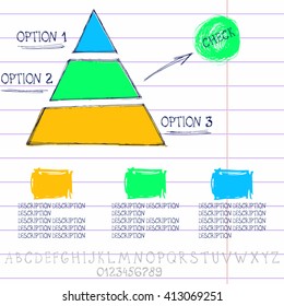 The infographics template includes colorful three-layered pyramid with places for titles and descriptions. Includes a set of hand drawn fonts and numbers from 0 to 9. Hand drawn diagram.