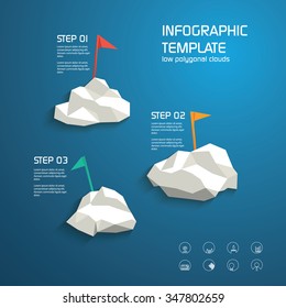 Infographics template layout menu options. Line icons for business presentation with graphs, ideas, finances. Modern low polygonal design clouds and flags. Eps10 vector illustration