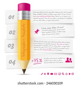 Infographics template with lead pencil, paper frames, icons and sample text - isolated on white background. Vector illustration.