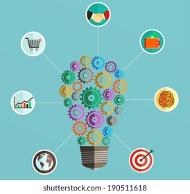 Infographics template with a light bulb in the form of gears with business icons