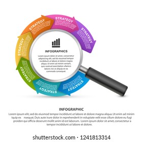 Infographics template with magnifying glass surrounded by options for business presentations or information banner.