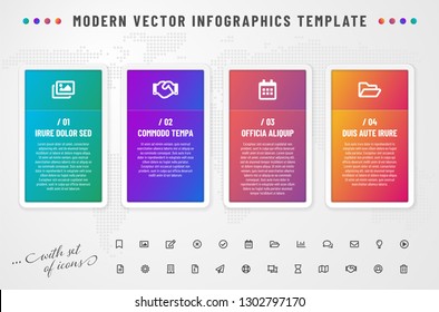 Infographics template with modern gradient frames and icons set. All elements and sample text are in a separate layers. Vector illustration.
