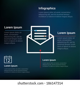 Infographics template on dark background for topic of mail, messages, news, communication. Icon illustration for presentation, web site or print. 