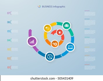Infographics template with realistic colorful circles for 7 steps and icons. Can be used for workflow layout, diagram, number options, step up options, web design, infographics, presentations