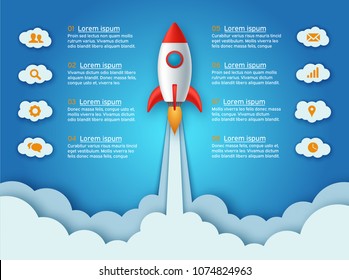 Infographics template of rocket or spaceship launches through the clouds with arrows, icons and text. Successful startup business concept. Used for web design and workflow layout. Vector illustration.