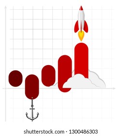 Infographics template of rocket or spaceship launches. Successful startup business concept. Used for web design and workflow layout. Vector illustration.