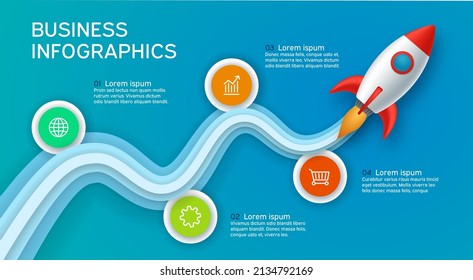 Infographics template of rocket or spaceship launches through the clouds with arrows, icons and text. Successful startup business concept. Used for web design and workflow layout. Vector illustration.