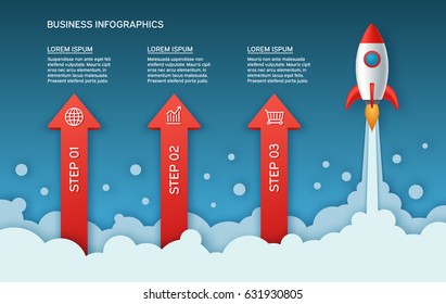 Infographics template of rocket or spaceship launches through the clouds with arrows, icons and text. Successful startup business concept. Can be used for web design and workflow layout.
