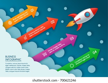 Infographics template of rocket or spaceship launches through the clouds with arrows, icons and text. Successful startup business concept. Used for web design and workflow layout. Vector illustration.