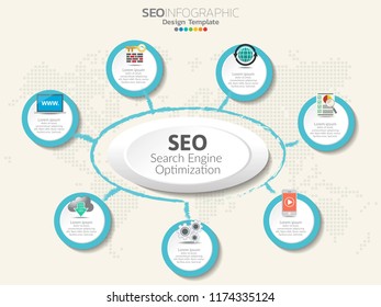 Infographics template seo optimization. SEO Digital Marketing concept with chart and icons.