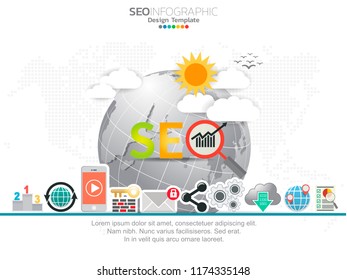 Infographics template seo optimization. SEO Digital Marketing concept with chart and icons.