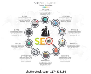 Infographics template seo optimization. SEO Digital Marketing concept with chart and icons.