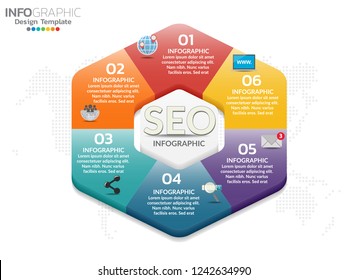 Infographics template seo optimization. SEO Digital Marketing concept with chart and icons.