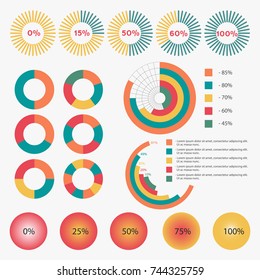 Infographics Template. Set of graphic design elements: radial bar, bubbles, pie charts. Vector illustration.