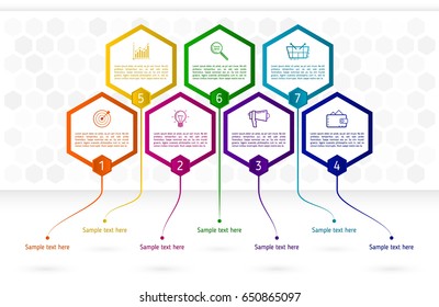 Infographics template with seven hexagon elements. Abstract colorful business hexagons with text and icons. Vector illustration eps 10