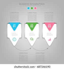Infographics template of three steps on squares, tag banner element, work sheet, flat design of business icon, pastel vector