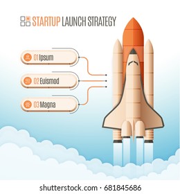 Infographics template with three structure elements of startup strategy. Rocket or space shuttle launch. Vector illustration