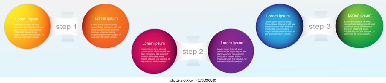 Plantilla de infografía. Línea de tiempo con 3 pasos y 6 elementos de círculo. Se puede usar para presentación, informe anual, diseño web. Concepto de negocio.