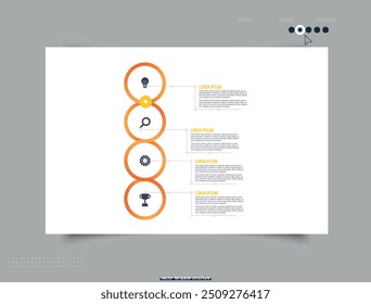 infographics template. Timeline with 4 circle arrow steps. Cards, Landing. Vector illustration