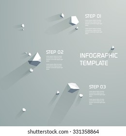 Infographics template vector background with 3d low poly abstract objects. Three steps menu options. Eps10 vector illustration.