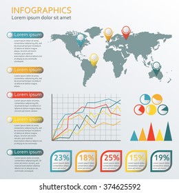Infographics template with world map. Graphic information and infographic design elements. Vector illustration.