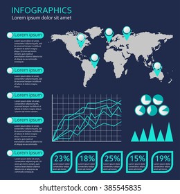 Infographics template with world map. Graphic information and infographic design elements. Vector illustration.