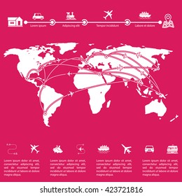 Infographics template and world map.  Vector illustration. Details of the travel indicating routes on the world map of the earth. The visual data processing.