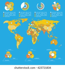 Infographics template and world map.  Vector illustration. Illustrated world map with the specified resource or any data. Schematic drawing and positioning on the map. The visual data processing.