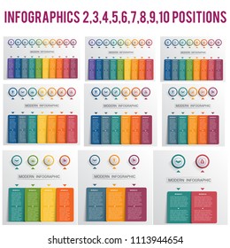 Infographics templates, Colored buttons and columns with space for text numbered for 2, 3, 4, 5, 6, 7, 8, 9, 10 options, modern website template. 