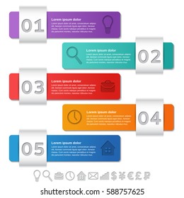 Infographics templates. Infographic frames 5 steps, options, parts, processes. Arrows elements for text, brochure, web design, label. Vector. Info graphic data. Business concept.