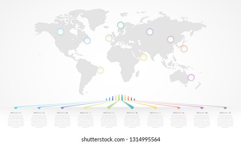 Infographics with ten options. Navigation Infographics. Each marker can be placed on the map as you need. Can be used for business presentations and other.