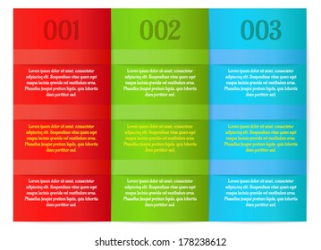 infographics - three color vertical panels as a three steps with lines and sample text