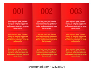 infographics - three red vertical panels as a three steps with lines and color sample text