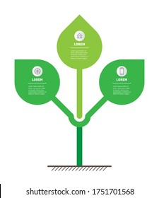 Infographics or timeline with 3 options. Vector Stylized tree or plant with leafs. Development of the eco business or green technology. Modular system allows you to make any number of levels in height