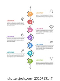 Opciones o pasos de la línea de tiempo de infografía 7. Diseños de flujo de trabajo, diagramas, opciones de número y diseño web. Ilustración vectorial.