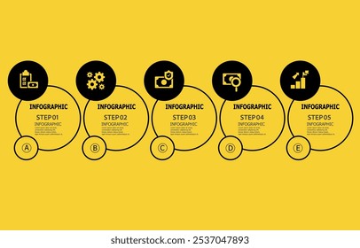 infographics timeline business workflow report background with business line icon 5 steps in yellow and black for presentation vector illustration