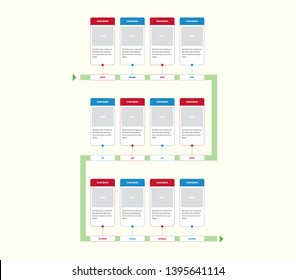 Infographics timeline design. Template for infographic timeline, diagram, presentation and chart. Business concept with 12 options, parts, steps or processes. 