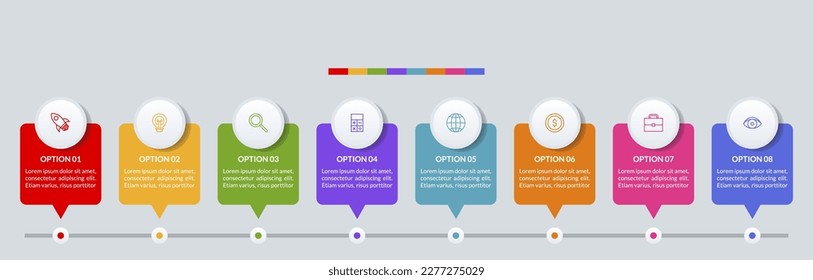 Plantilla de diseño de línea de tiempo de infografía e iconos de línea con 8 opciones o 8 pasos. utilizar como diagrama de procesos de flujo de trabajo, presentación de datos empresariales, diseño, hito, pancarta, folleto, diagrama de flujo