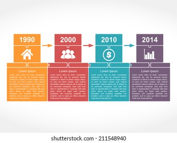 Infographics timeline design template with place for dates, icons and text, puzzle style, vector eps10 illustration