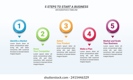 Línea de tiempo de infografías con texto editable de 1 a 5 pasos para planes de negocio, informes de negocios y diseño de sitios web.
