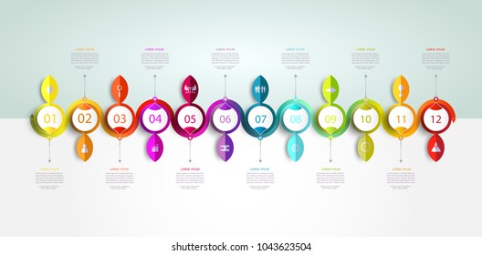 Infographics timeline template with 3D and 12 options or step, Business concept, Blank space for content, business, graph, diagram, process, plate, time line, book cover, flowchart, info, step, print