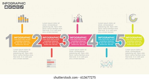 Plantilla de línea de tiempo de infografía para 5 pasos e iconos. Se puede utilizar para diseño de flujo de trabajo, diagrama, opciones de número, opciones de paso, diseño web, infografías, presentaciones