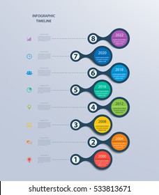 Infographics timeline template for 8 steps and icons. Can be used for workflow layout, diagram, number options, step up options, web design, infographics, presentations