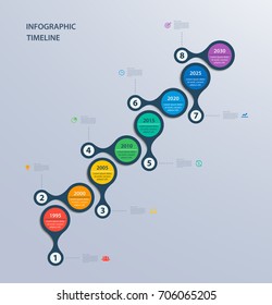 Infographics timeline template for 8 steps and icons. Can be used for workflow layout, report, diagram, number options, step up options, web design, infographics, presentations