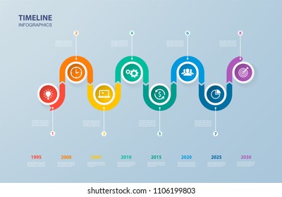 Infographics timeline template with realistic colorful circles for 8 steps and icons. Can be used for workflow layout, diagram, number options, step up options, web design, infographics, presentations