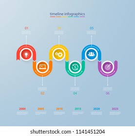 Infographics timeline template with realistic colorful circles for 6 steps and icons. Can be used for workflow layout, diagram, number options, step up options, web design, infographics, presentations