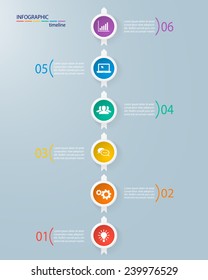 Infographics timeline template with realistic colorful circles for 6 steps and icons. Can be used for workflow layout, diagram, number options, step up options, web design, infographics, presentations